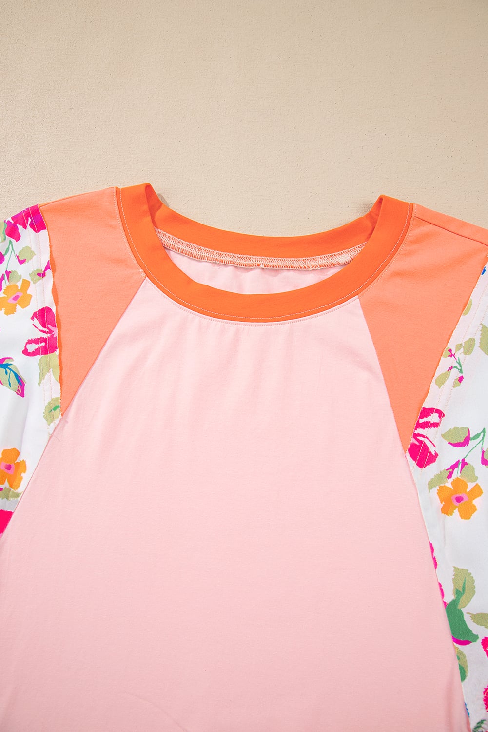 Orange Plus Size Floral Print Patchwork Raglan Half Sleeve Top