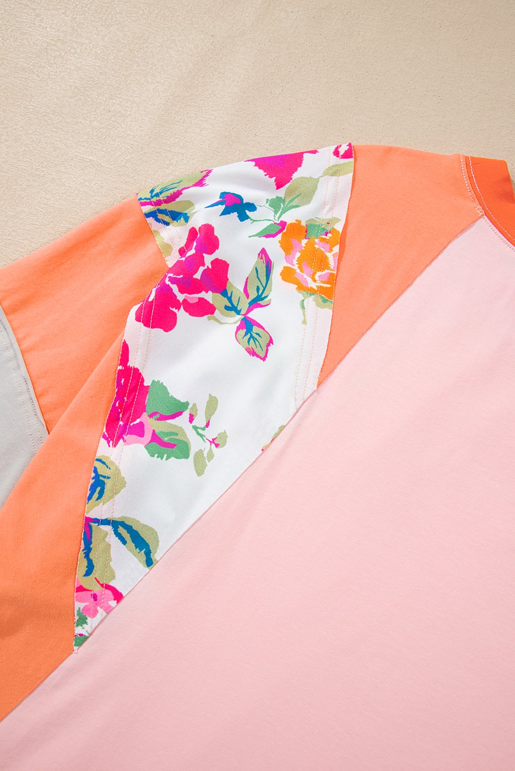 Orange Plus Size Floral Print Patchwork Raglan Half Sleeve Top