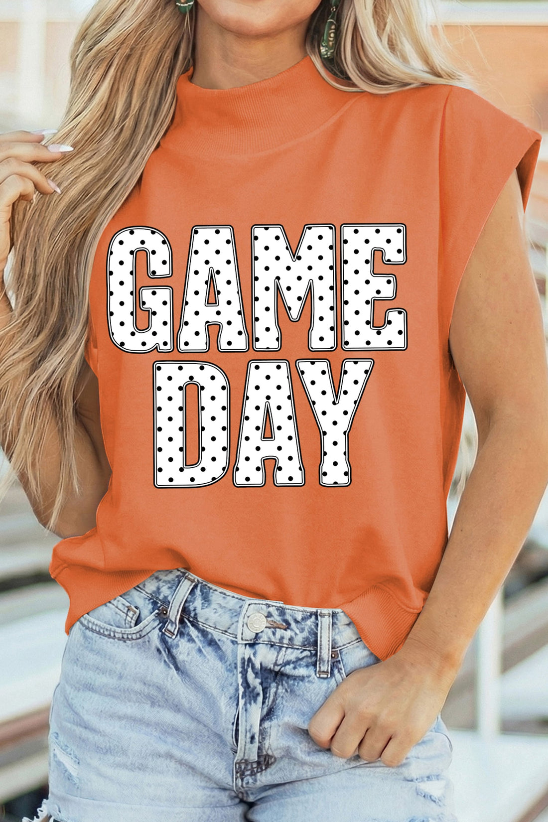 Orange Polka Dot Letter Print GAME Day High Neck Short Sleeve Top