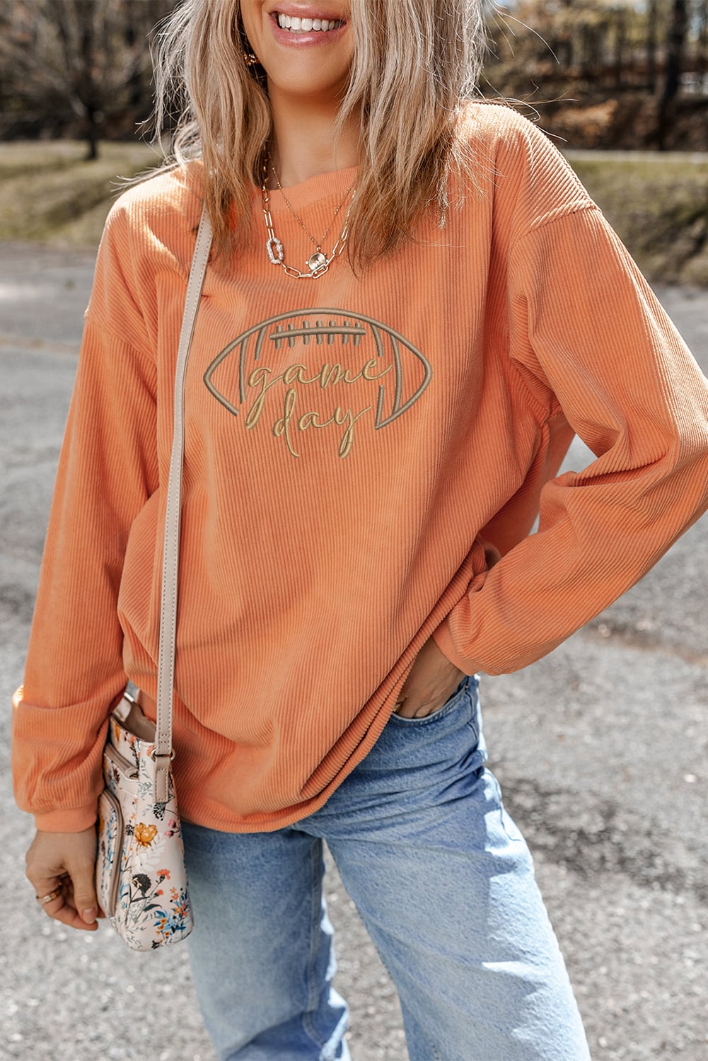 Orange Rugby Game Day Embroidered Corduroy Sweatshirt