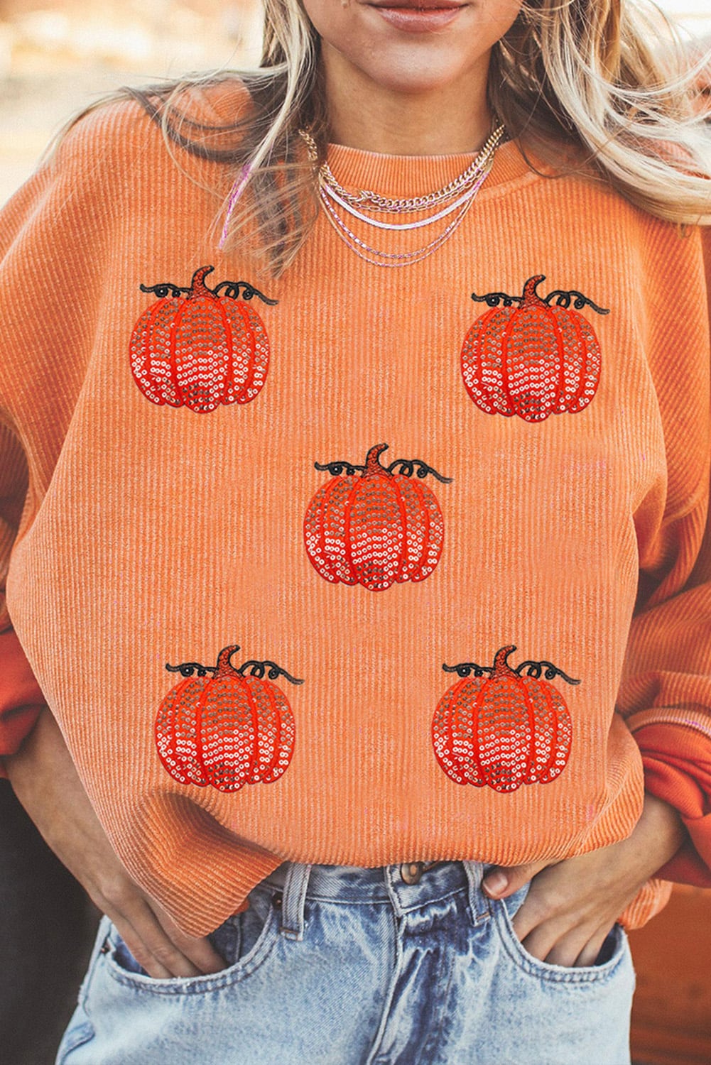 Orange Sequin Pumpkin Patched Twisted Rib Baggy Sweatshirt