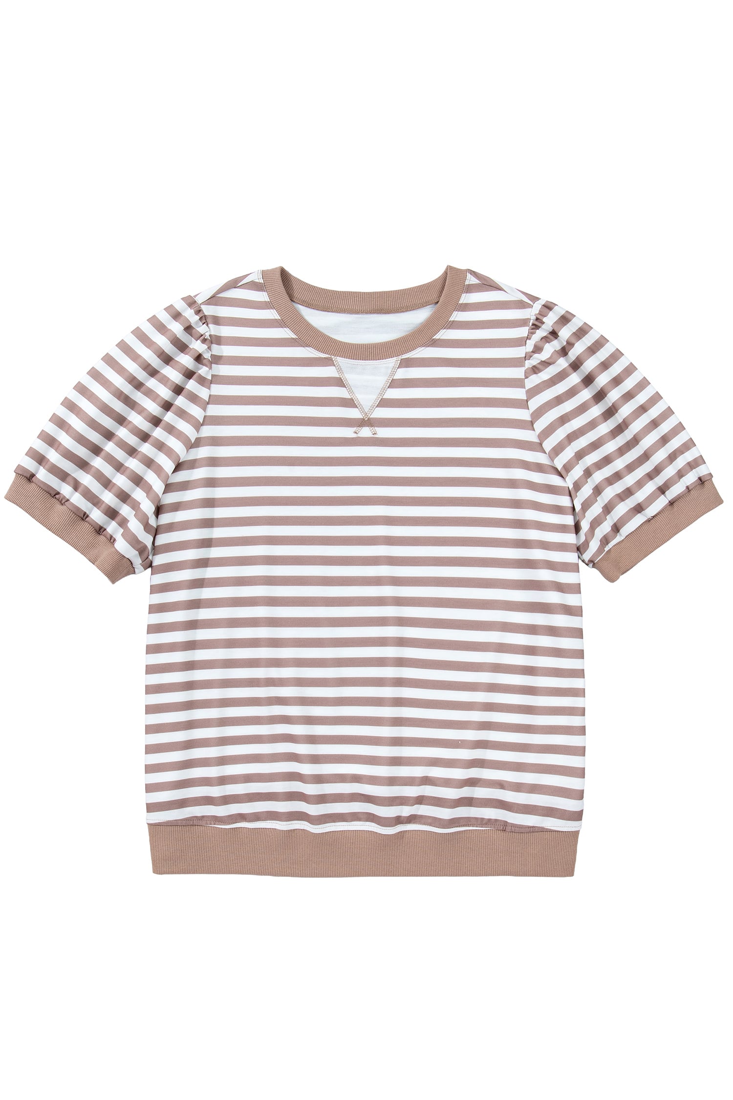 Orange Stripe Ribbed Trim Round Neck Short Puff Sleeve Plus T Shirt