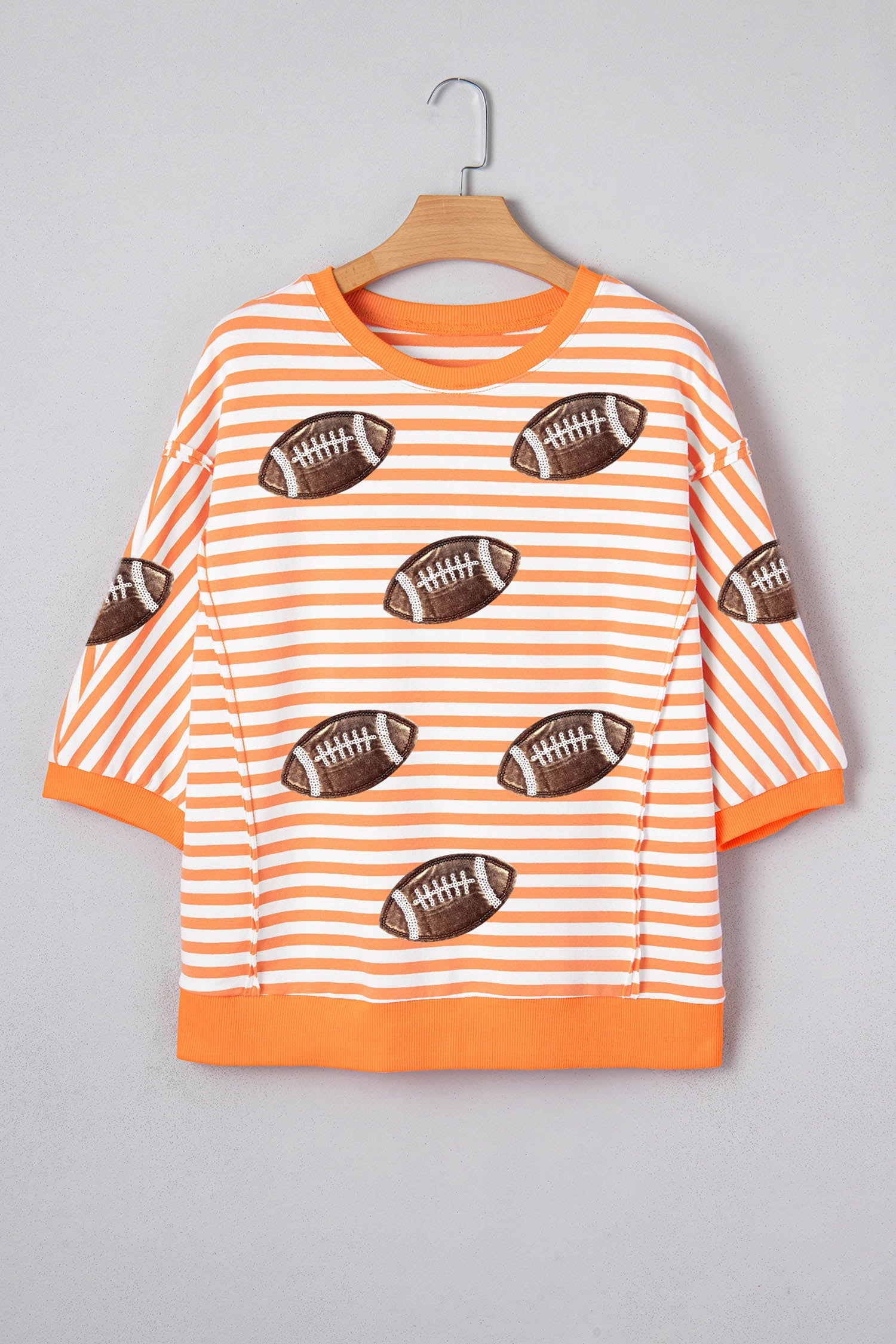 Orange Stripe Sequin Football Graphic Three Quarter Sleeve Top