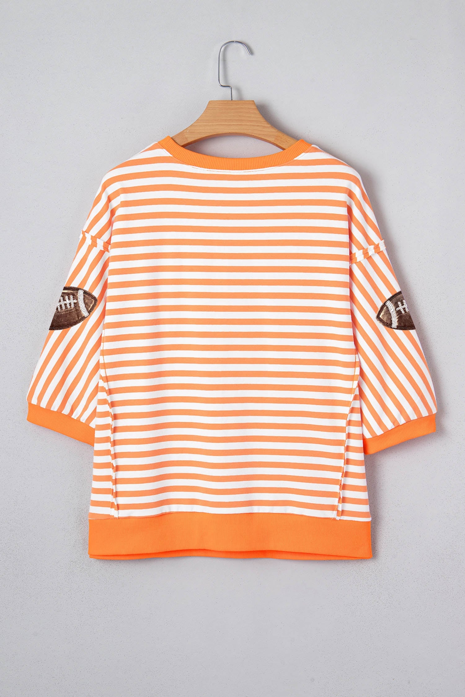 Orange Stripe Sequin Football Graphic Three Quarter Sleeve Top