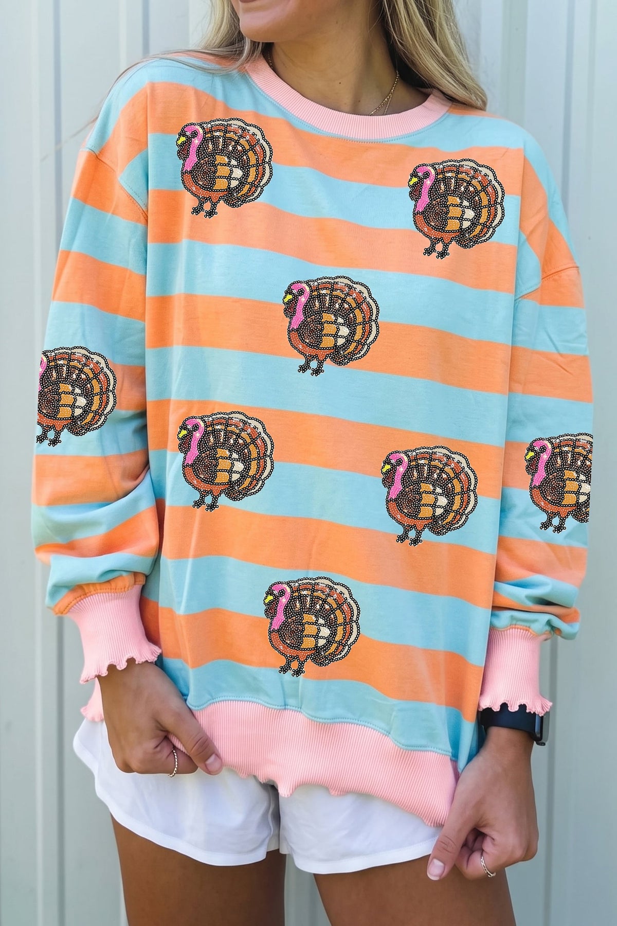 Orange Stripe Sequin Turkey Graphic Ribbed Color Block Lettuce Trim Long Sleeve Top