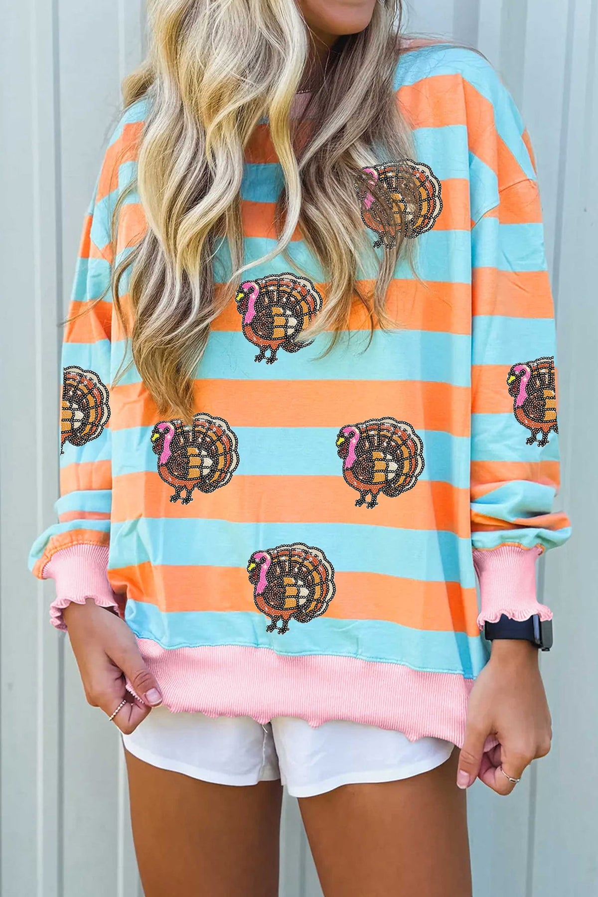 Orange Stripe Sequin Turkey Graphic Ribbed Color Block Lettuce Trim Long Sleeve Top