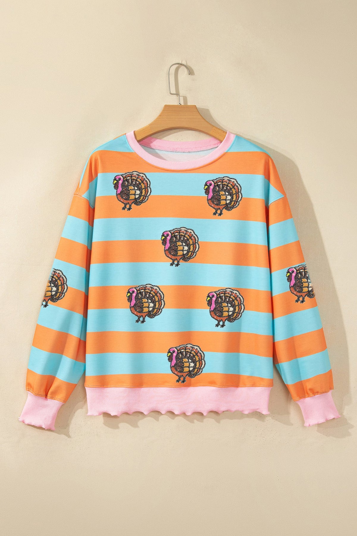 Orange Stripe Sequin Turkey Graphic Ribbed Color Block Lettuce Trim Long Sleeve Top