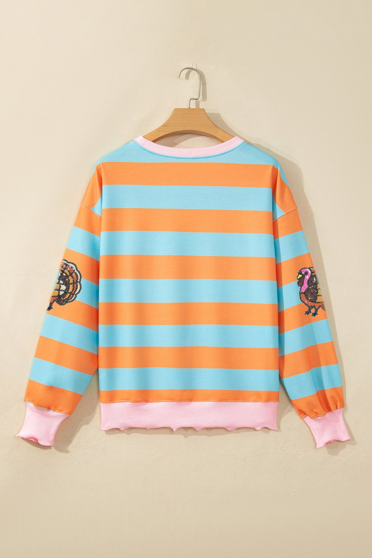 Orange Stripe Sequin Turkey Graphic Ribbed Color Block Lettuce Trim Long Sleeve Top