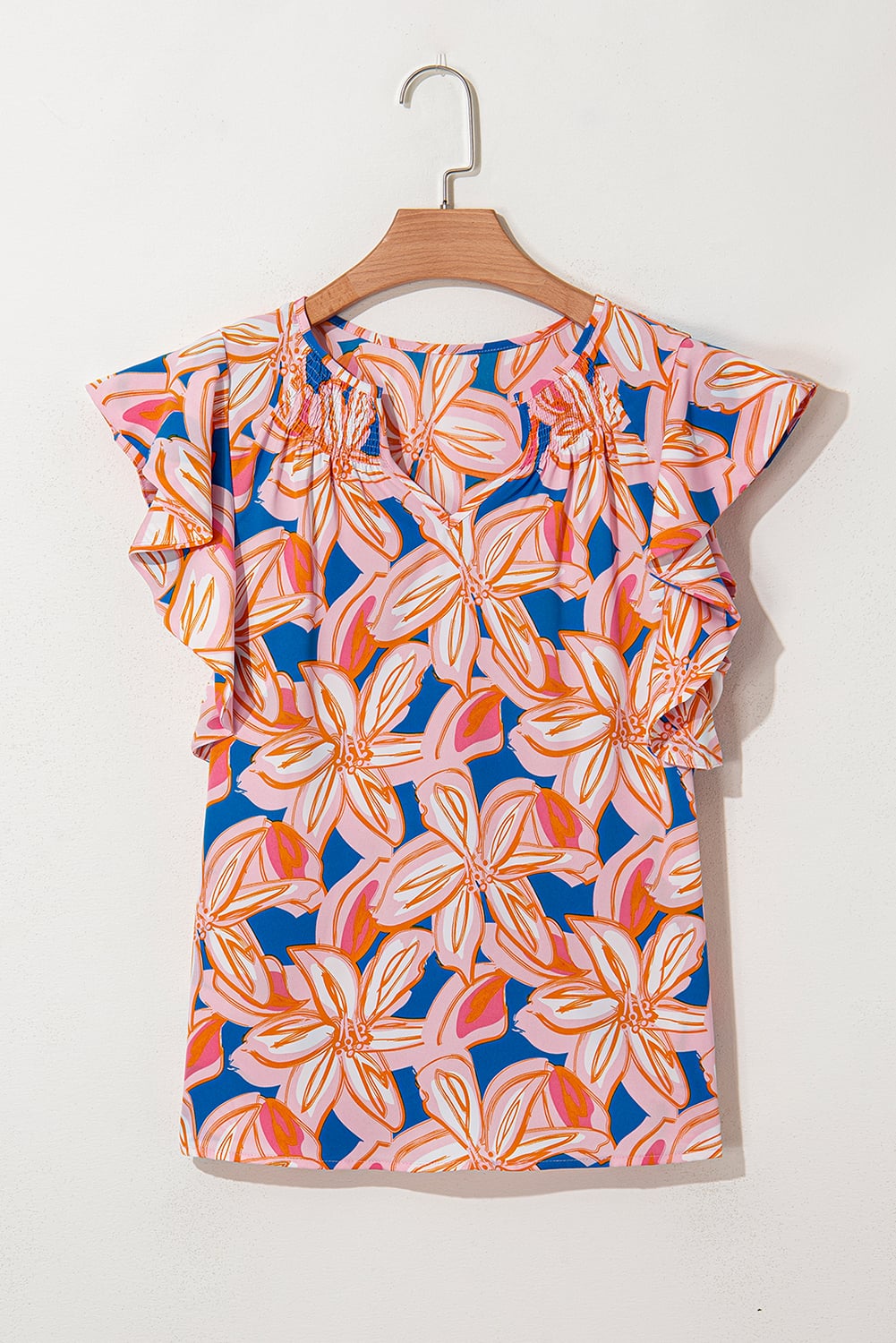 Orange Summer Flower Print Notched Neck Ruffle Sleeve Blouse