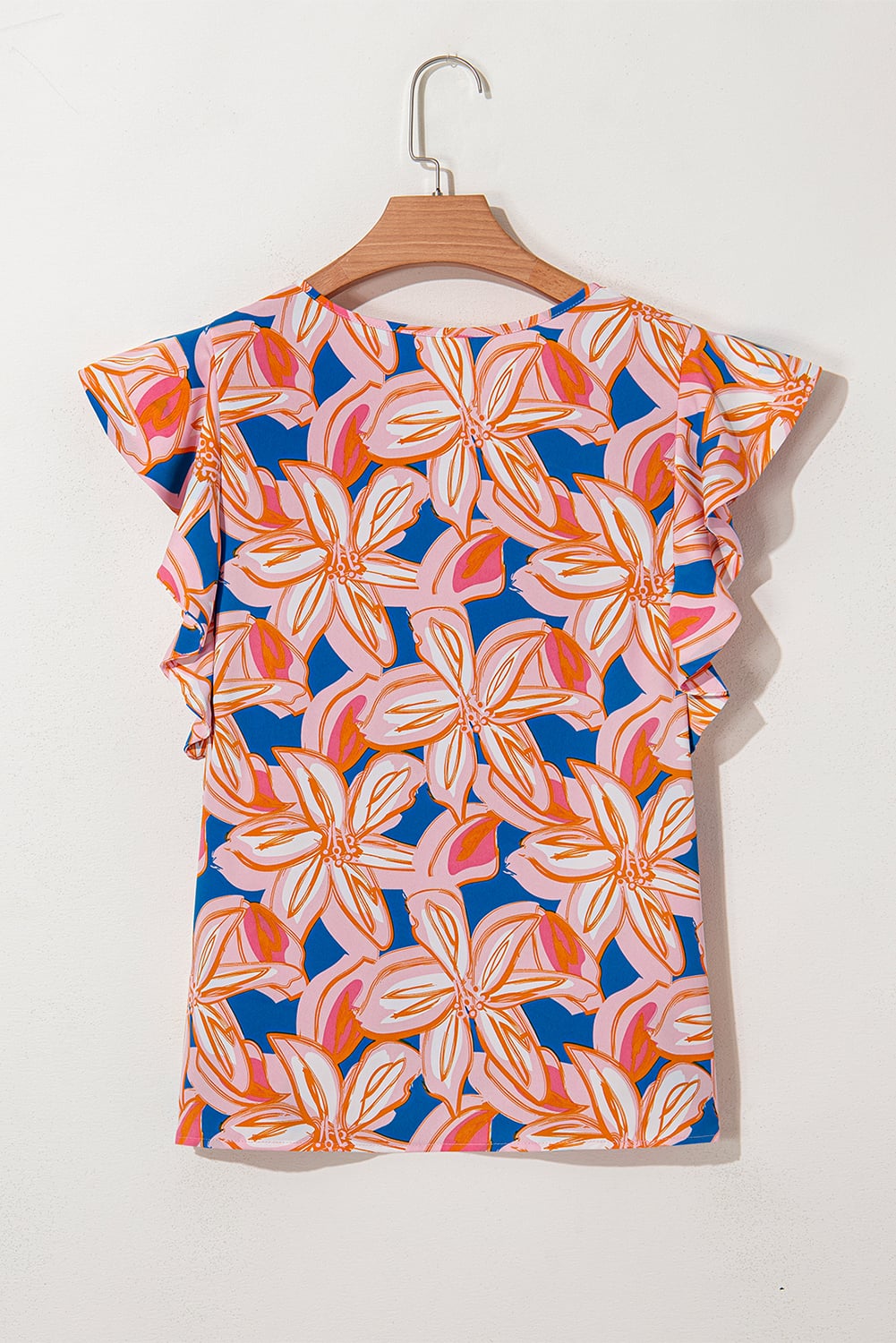 Orange Summer Flower Print Notched Neck Ruffle Sleeve Blouse