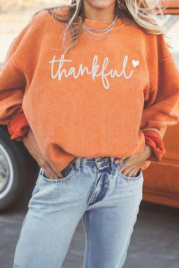 Orange Thankful Embroidered Corded Crewneck Sweatshirt