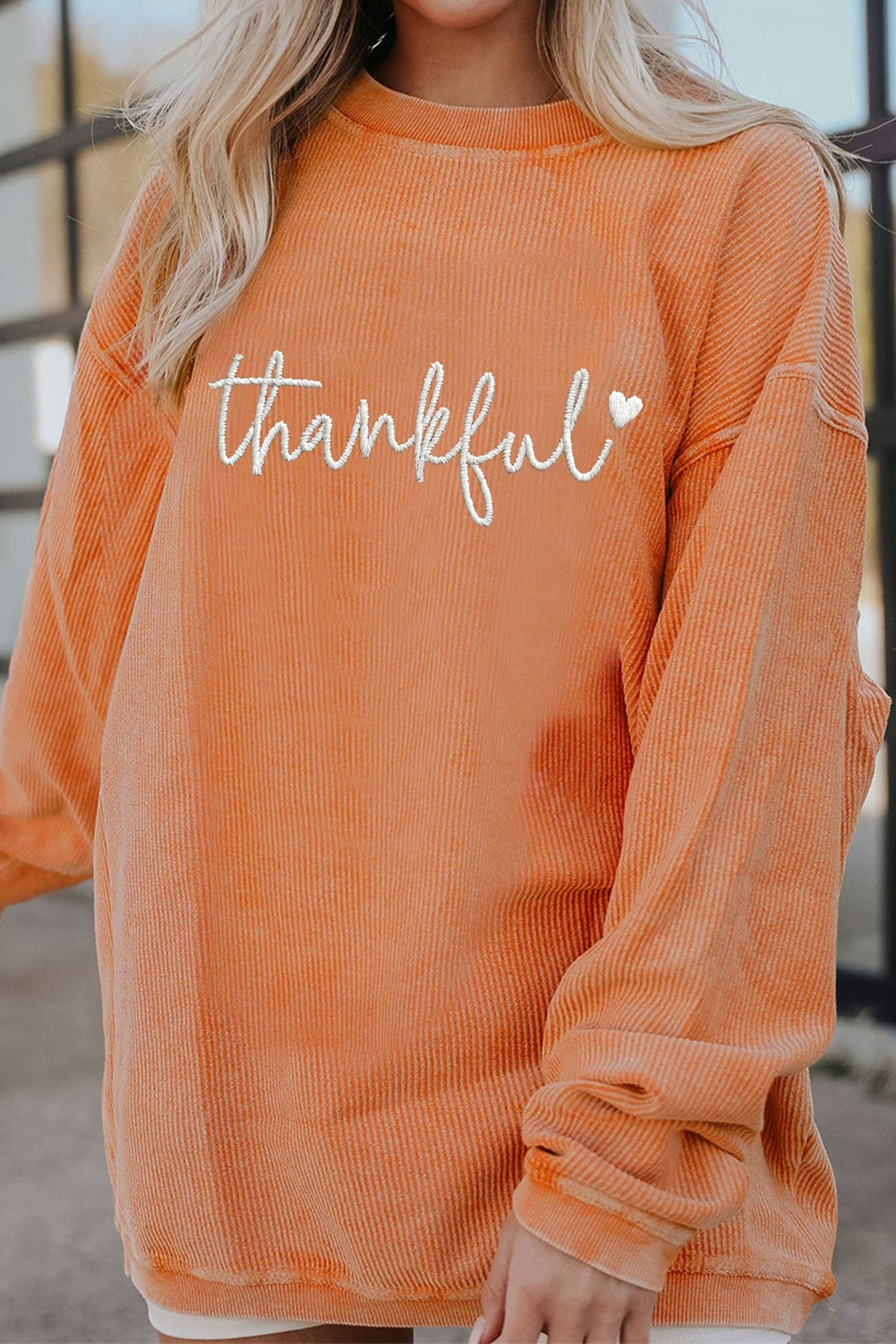 Orange Thankful Embroidered Corded Crewneck Sweatshirt