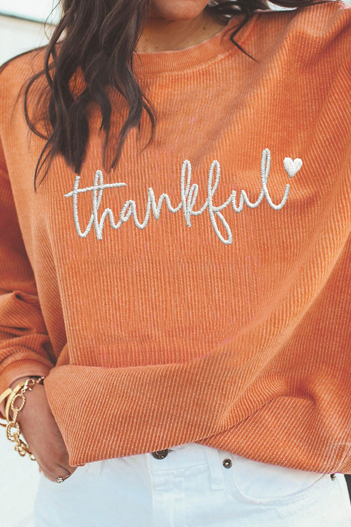 Orange Thankful Embroidered Corded Crewneck Sweatshirt