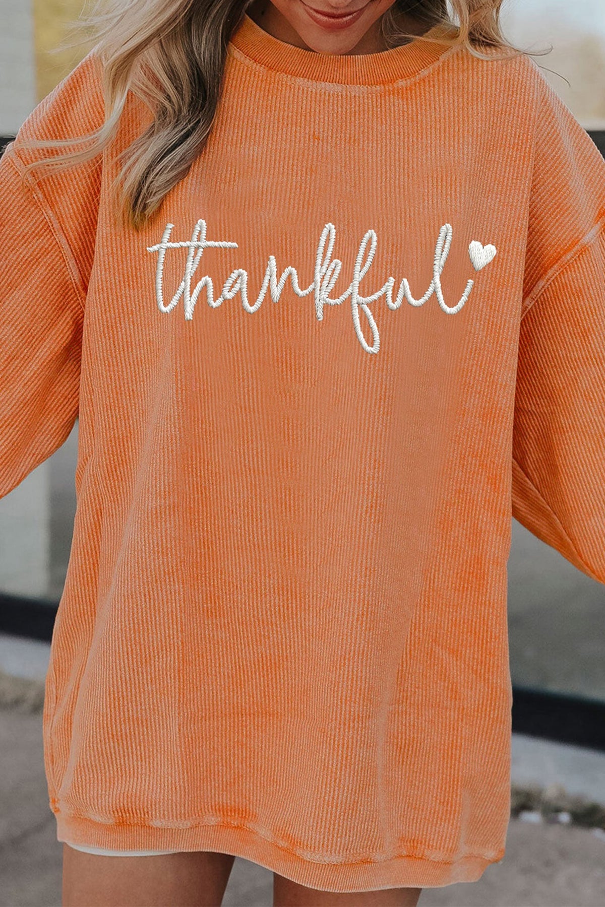 Orange Thankful Embroidered Corded Crewneck Sweatshirt