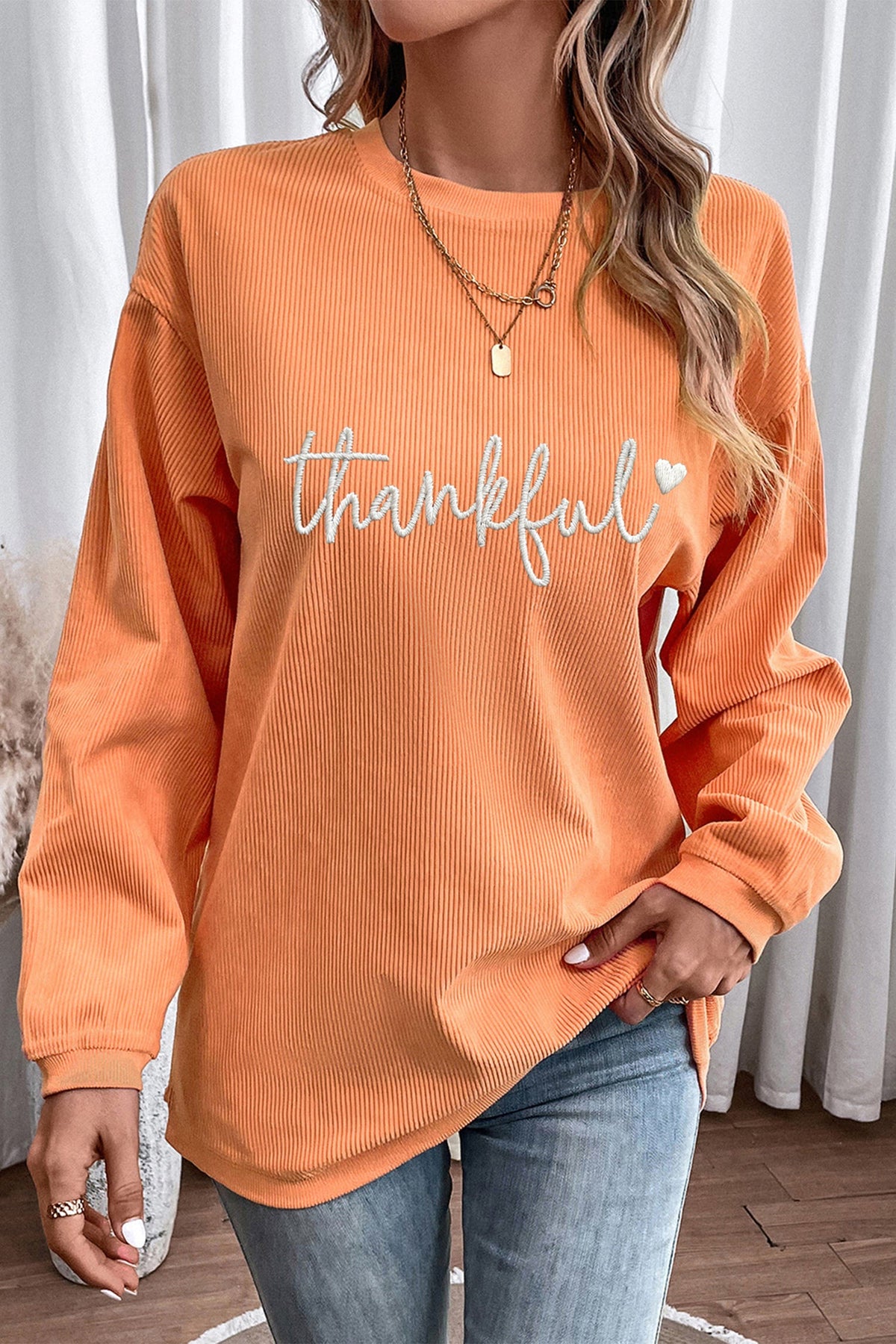 Orange Thankful Embroidered Corded Crewneck Sweatshirt