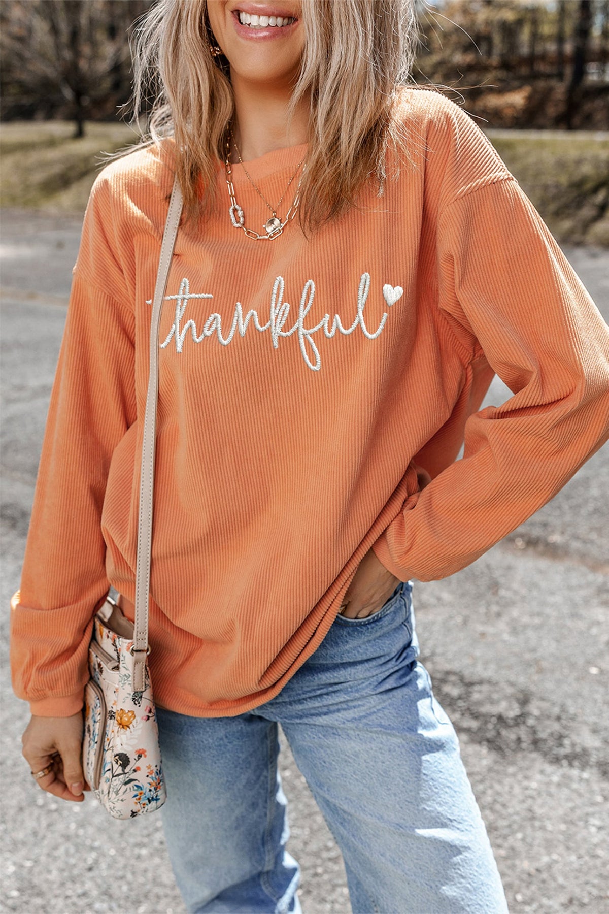 Orange Thankful Embroidered Corded Crewneck Sweatshirt