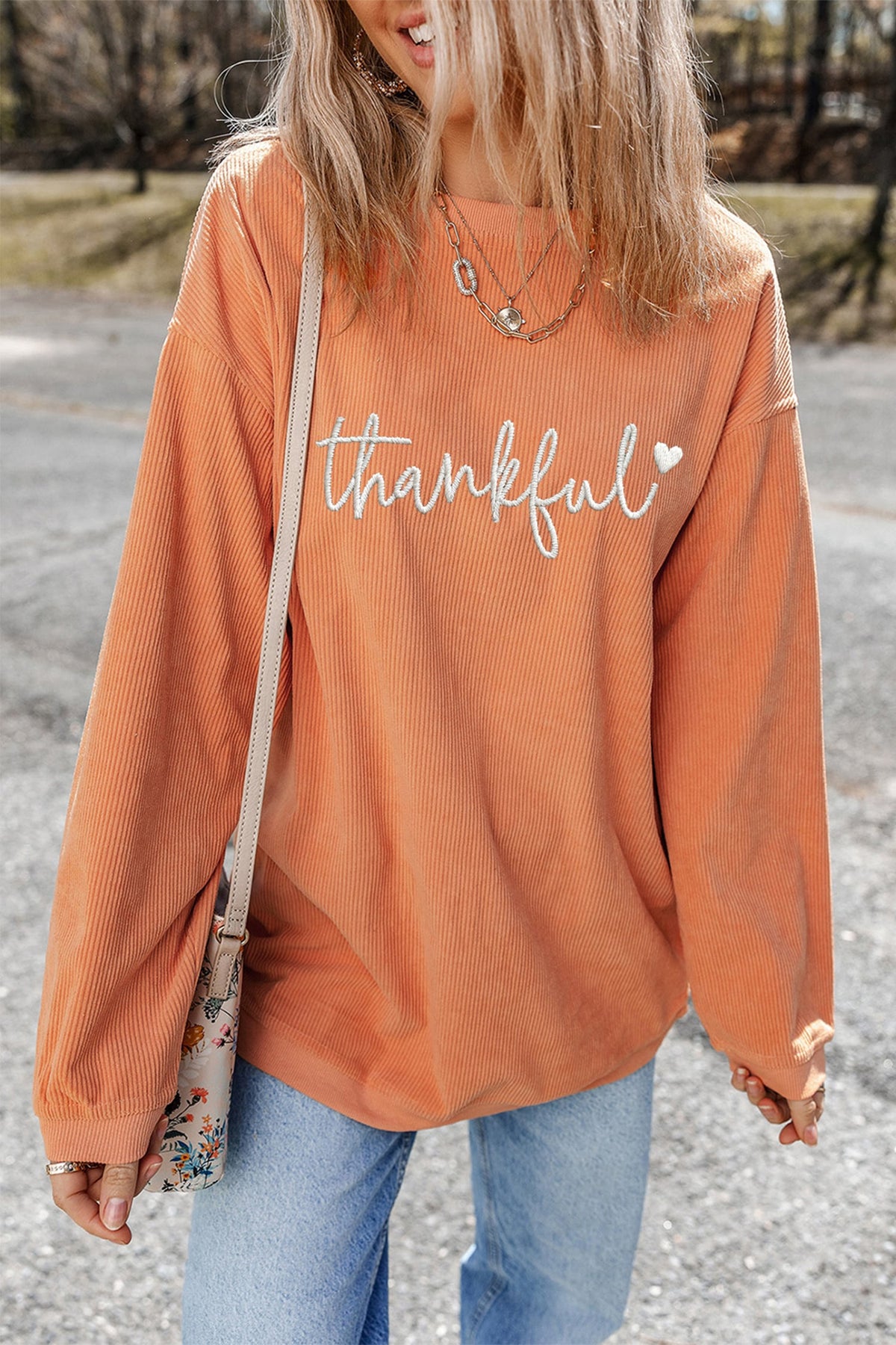 Orange Thankful Embroidered Corded Crewneck Sweatshirt
