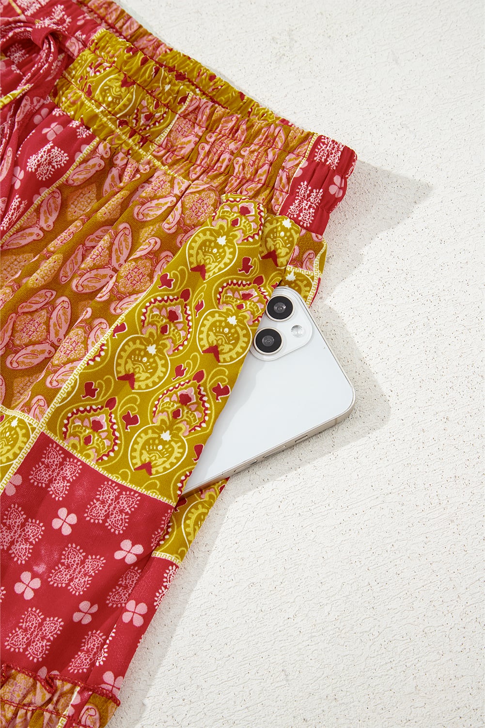 Orange Tiered Paisley Print Pocketed Maxi Skirt