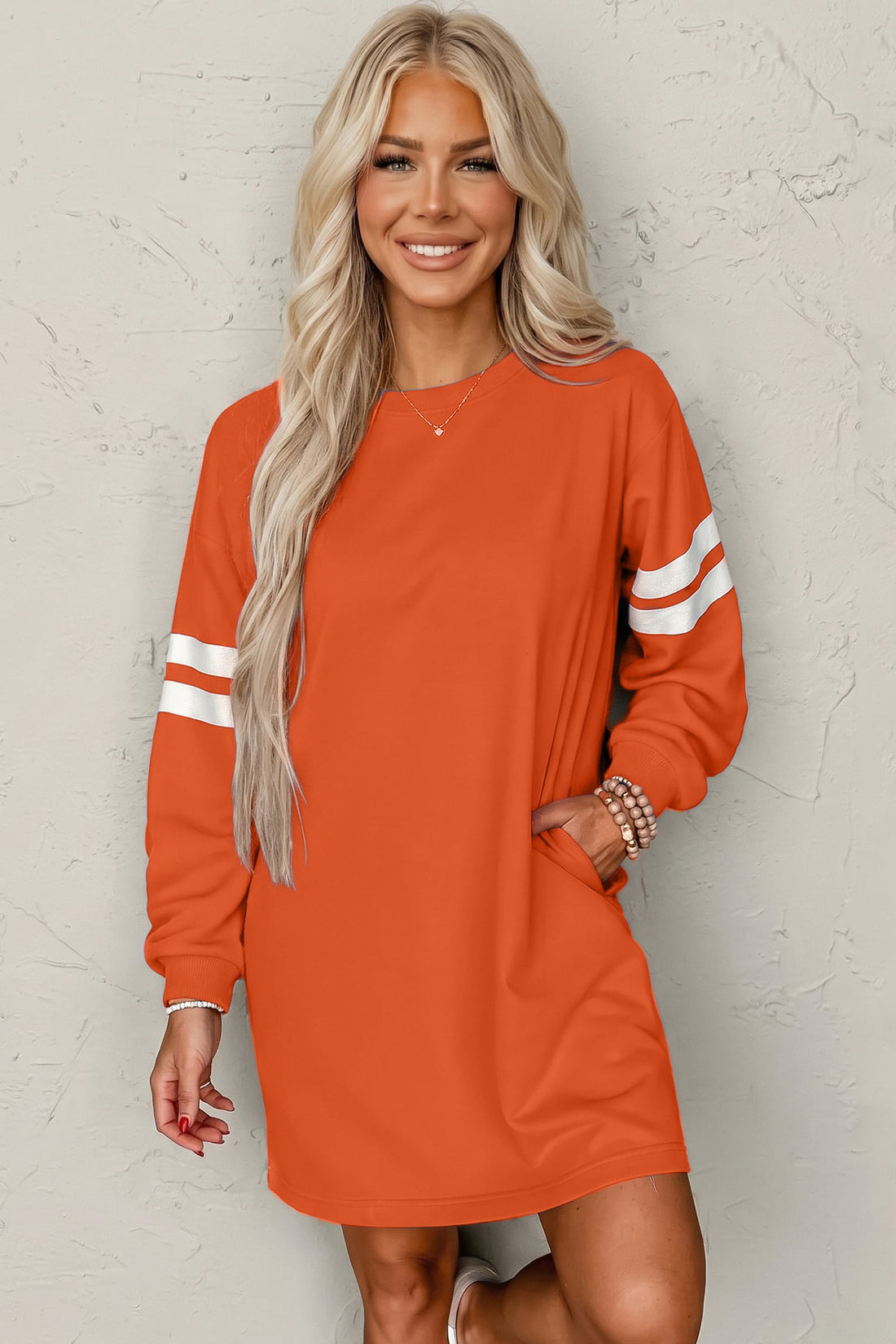 Orange Varsity Contrast Banded Sleeve Shift Sweatshirt Dress
