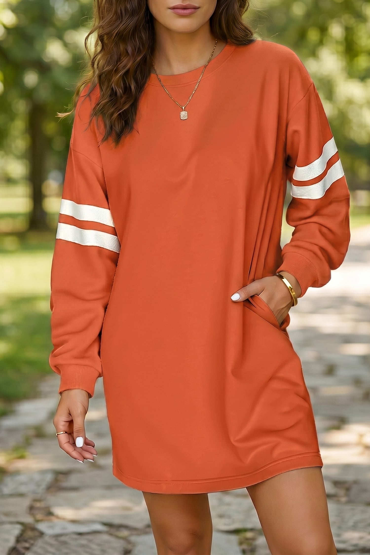Orange Varsity Contrast Banded Sleeve Shift Sweatshirt Dress