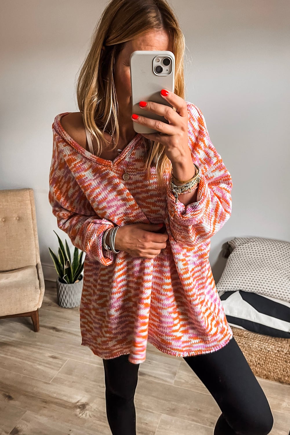 Orange Vibrant Abstract Print Drop Shoulder V Neck Tunic Oversized Sweater