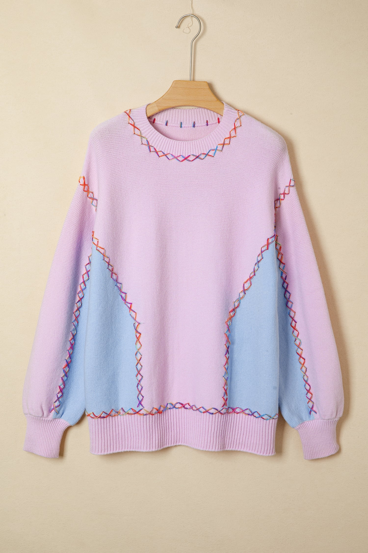 Orchid Bouquet Rainbow Stitching Balloon Sleeve Relaxed Sweater