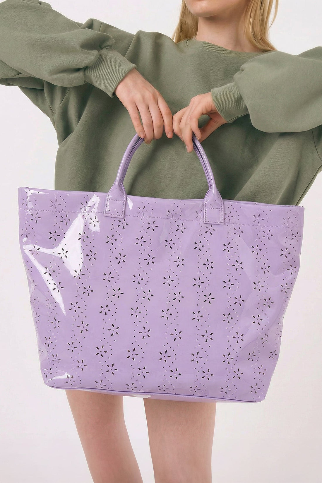 Orchid Eyelet Flower Pattern PVC Glossy Waterproof Tote Bag