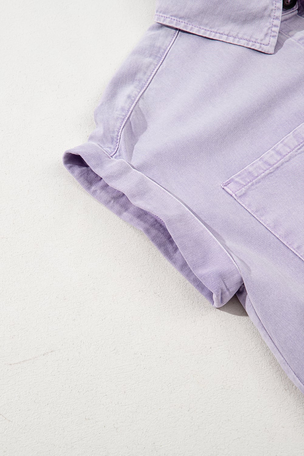 Orchid Petal Short Sleeve Double Chest Pocket Denim Shirt Dress