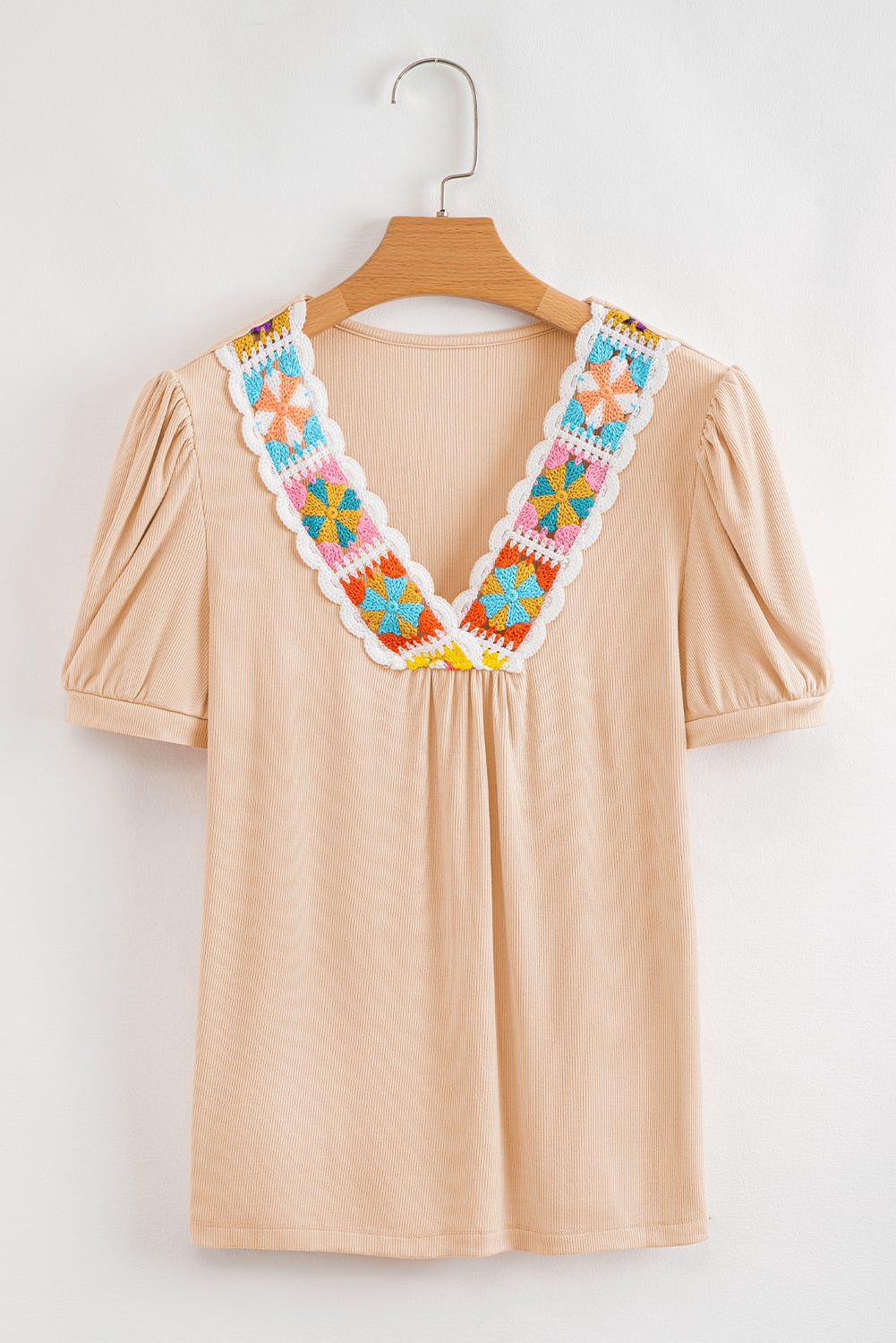 Pale Chestnut Crochet Floral V Neck Textured Short Sleeve Blouse