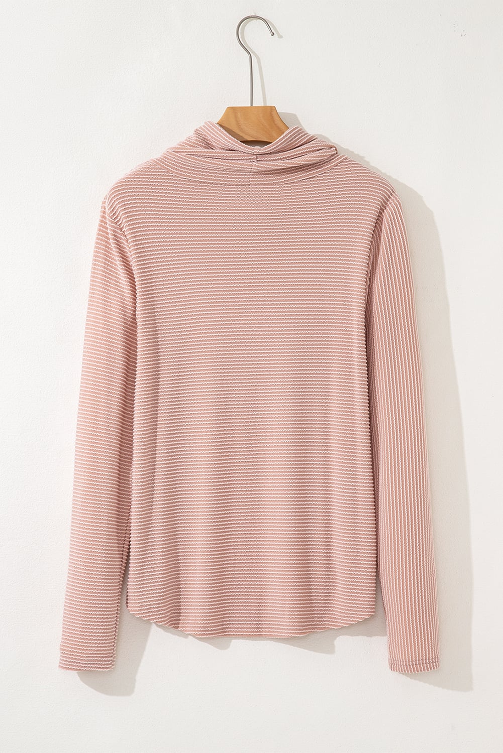 Pale Chestnut Horizontal Twist Ribbed Drawstring Cowl Neck Knit Top