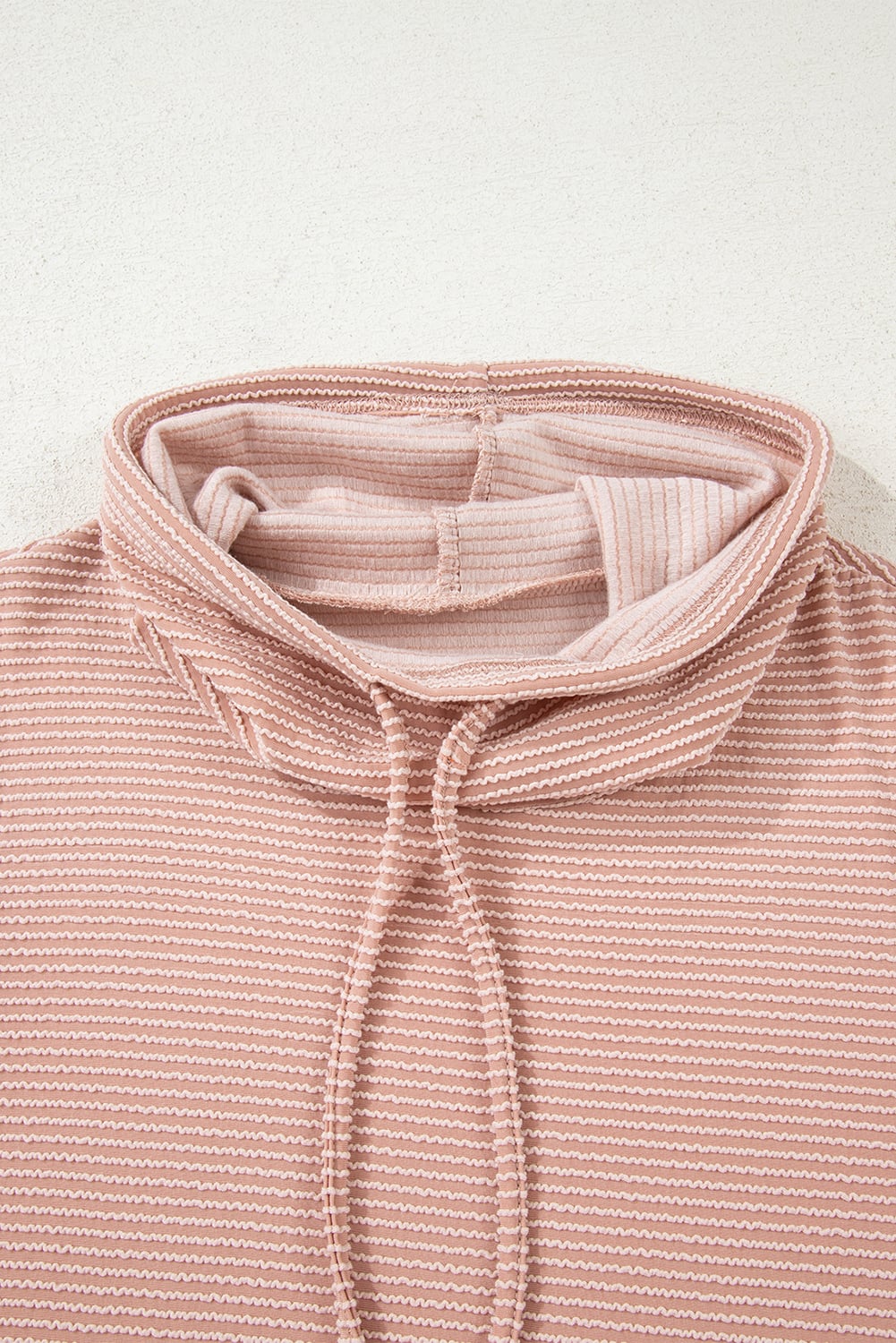Pale Chestnut Horizontal Twist Ribbed Drawstring Cowl Neck Knit Top