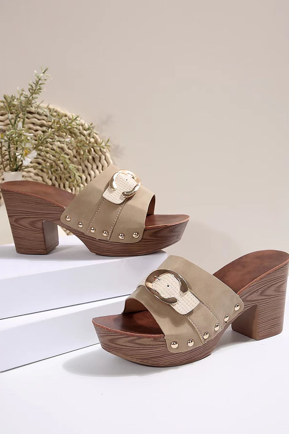 Pale Khaki Buckle Decor Studded Chunky Heel Slippers