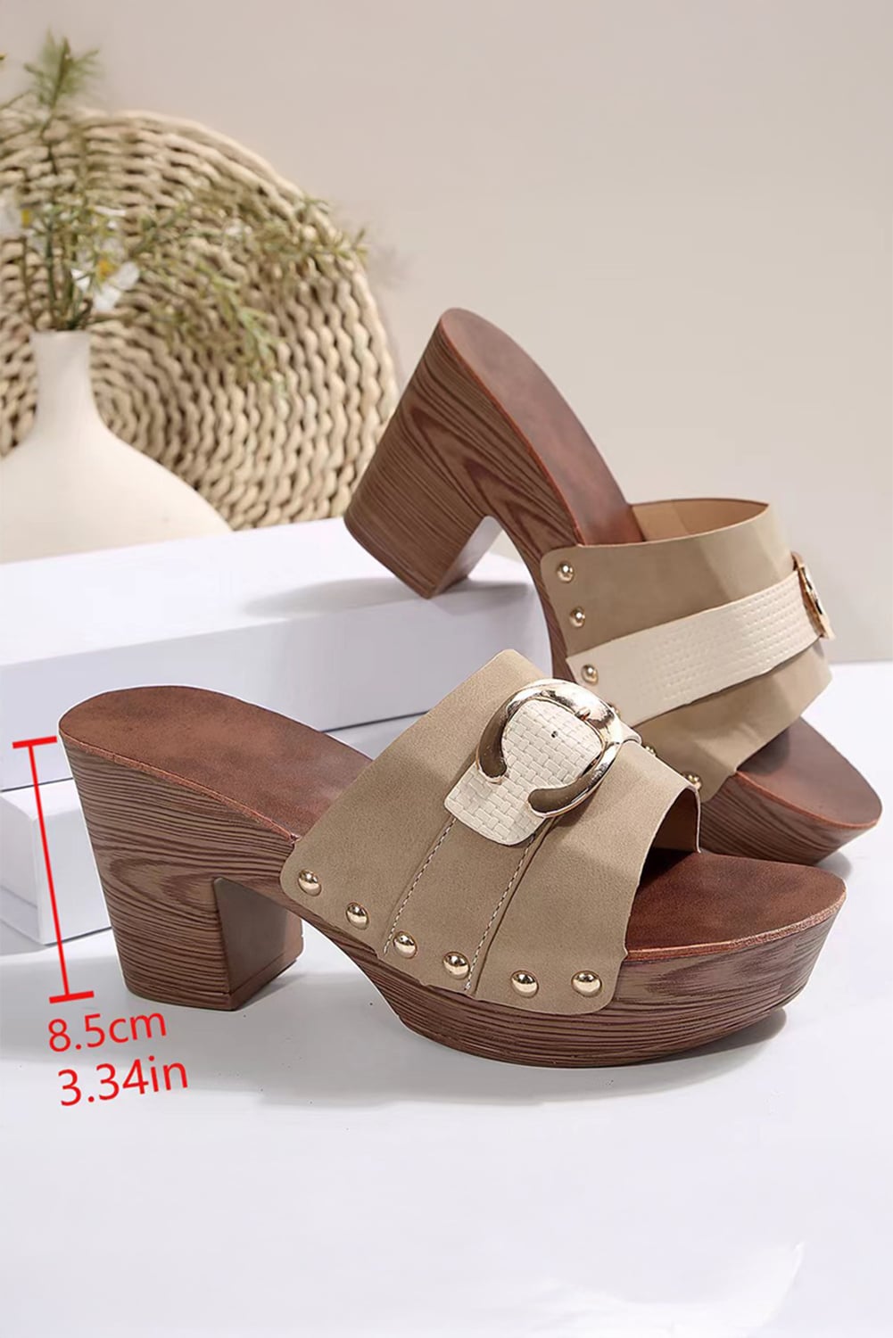 Pale Khaki Buckle Decor Studded Chunky Heel Slippers