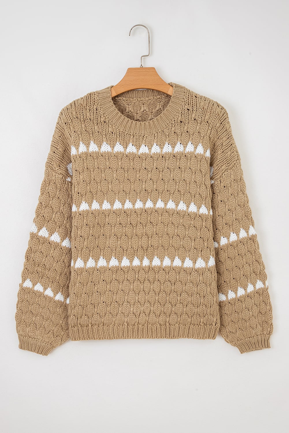 Pale Khaki Contrast Detail Textured Knit Puff Sleeve Baggy Sweater