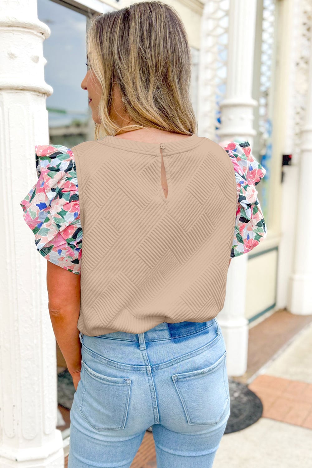 Parchment Abstract Print Tiered Ruffled Sleeve Textured Knit Top