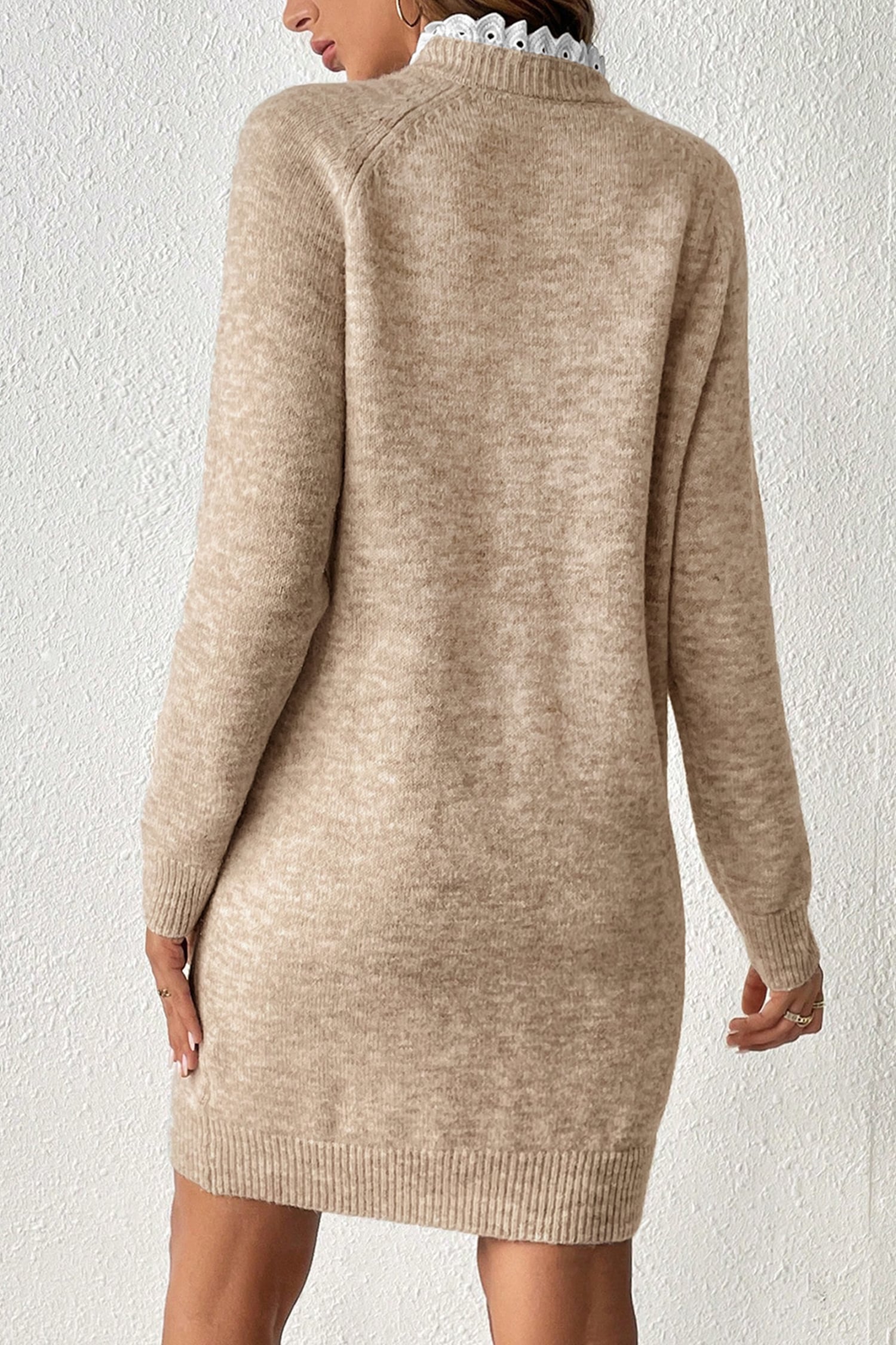 Parchment Button Lace Detail Raglan Sleeve Shift Mini Sweater Dress
