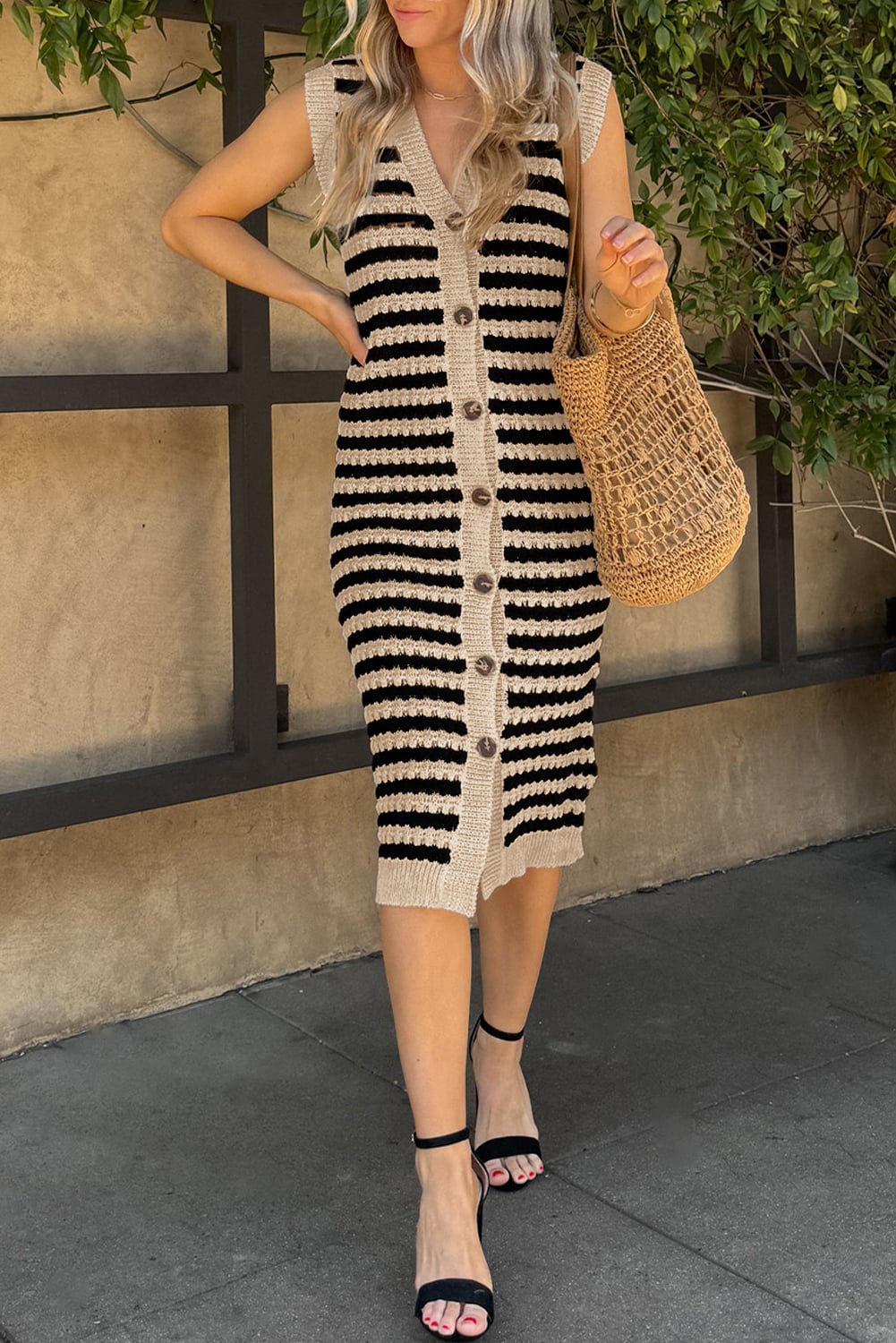 Parchment Buttoned Front Pencil Midi Sleeveless Sweater Dress