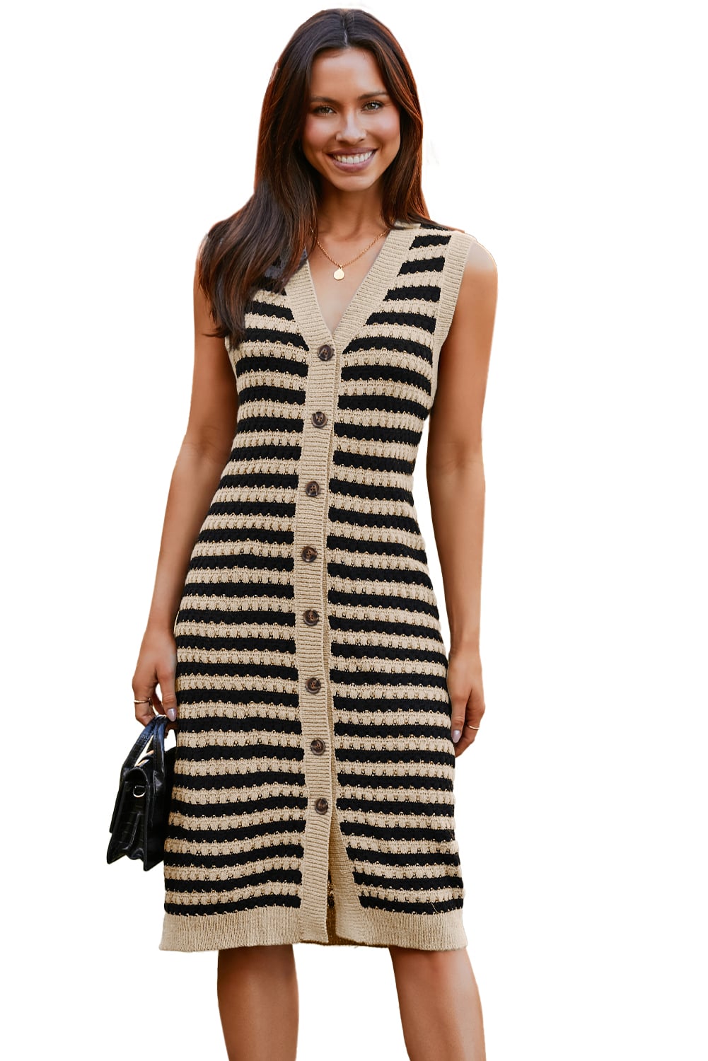 Parchment Buttoned Front Pencil Midi Sleeveless Sweater Dress