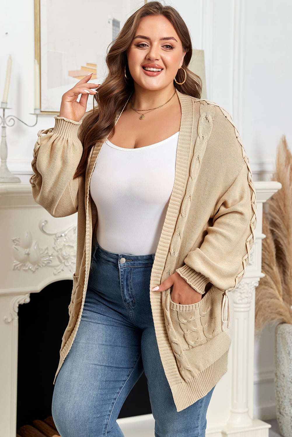 Parchment Cable Knit Braided Tie Sleeve Plus Size Open Cardigan