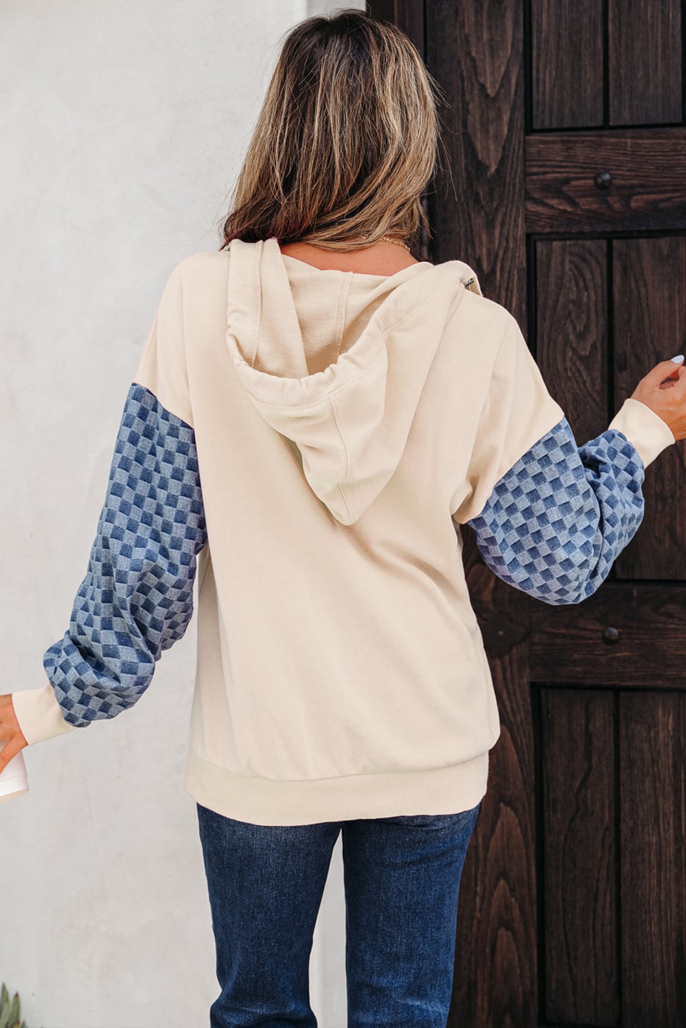 Parchment Checkered Patchwork Kangaroo Pocket Half Zipper Hoodie
