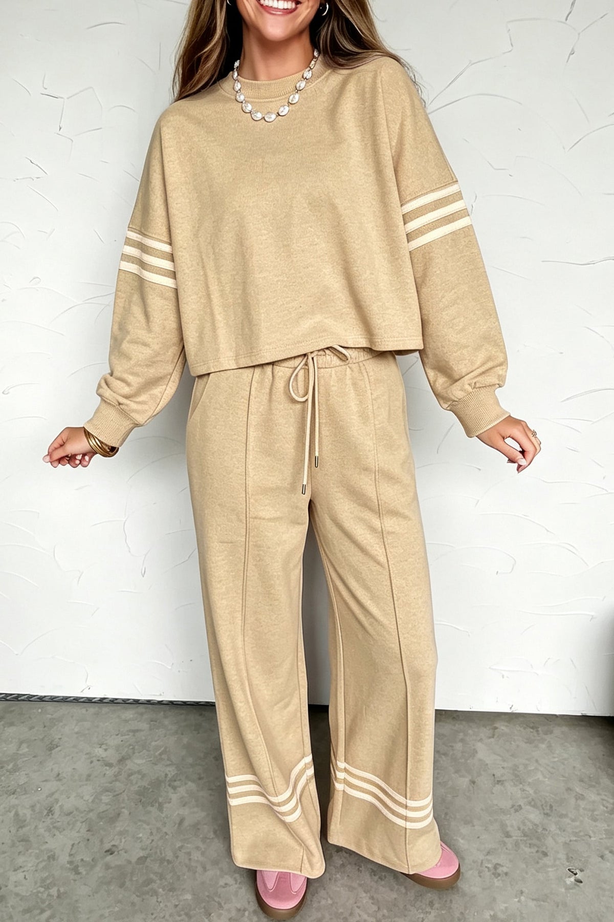 Parchment Contrasting Striped Detail Long Sleeve Top Loose Pants 2pcs Set