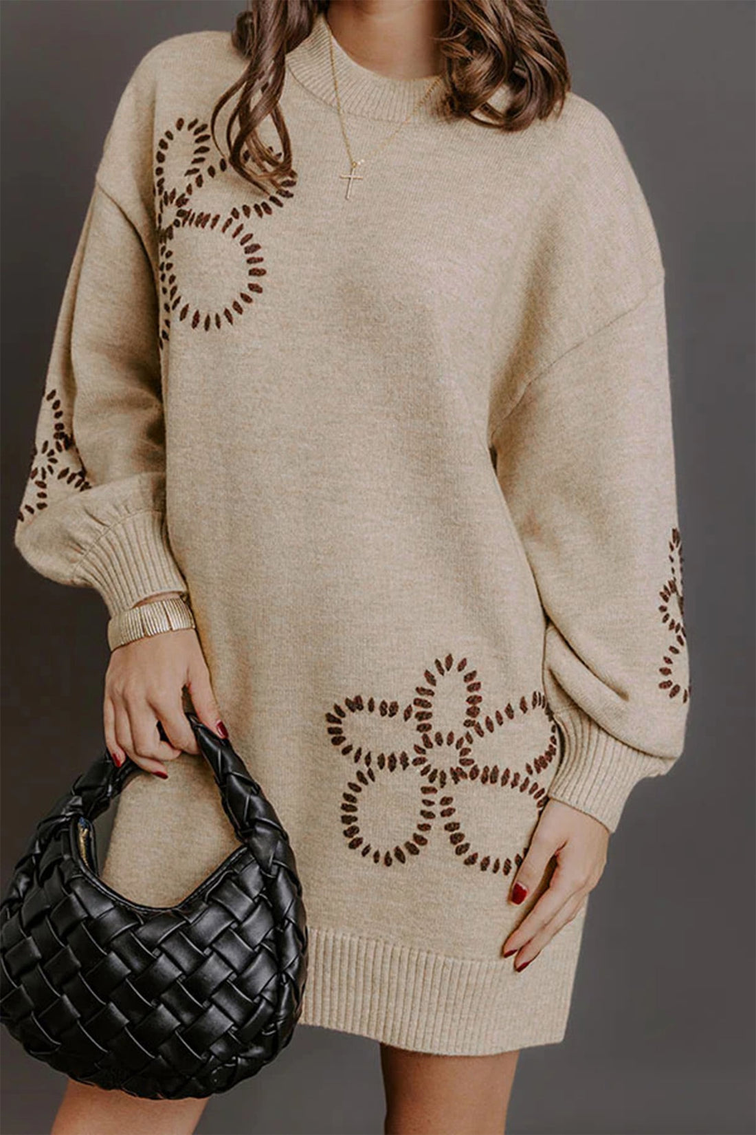 Parchment Floral Pattern Mock Neck Puff Sleeve Shift Sweater Dress