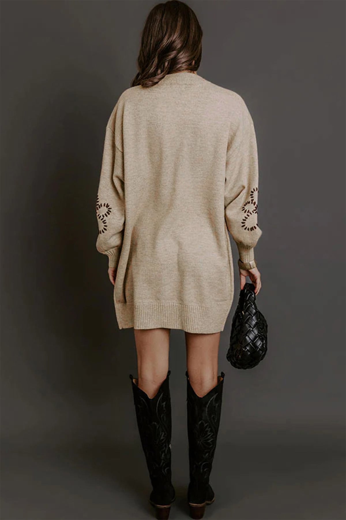 Parchment Floral Pattern Round Neck Puff Sleeve Shift Sweater Dress