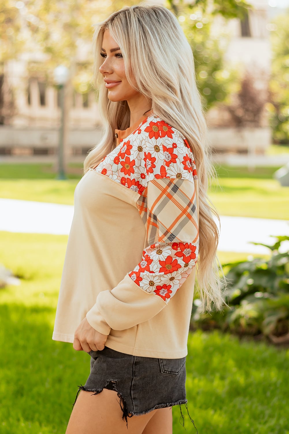 Parchment Floral Plaid Patchwork Casual Top