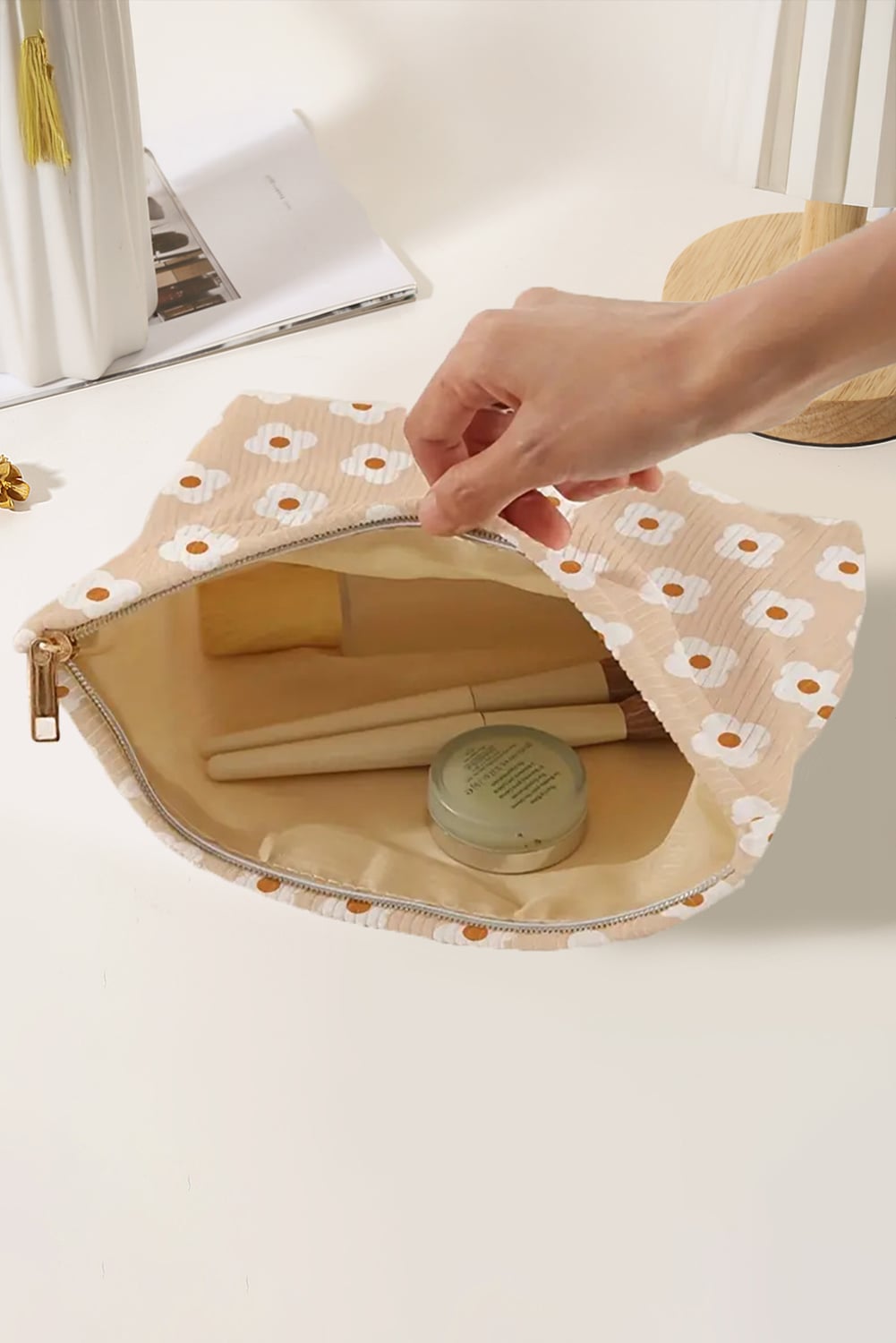 Parchment Flowers Print Textured Corduroy Large Makeup Bag