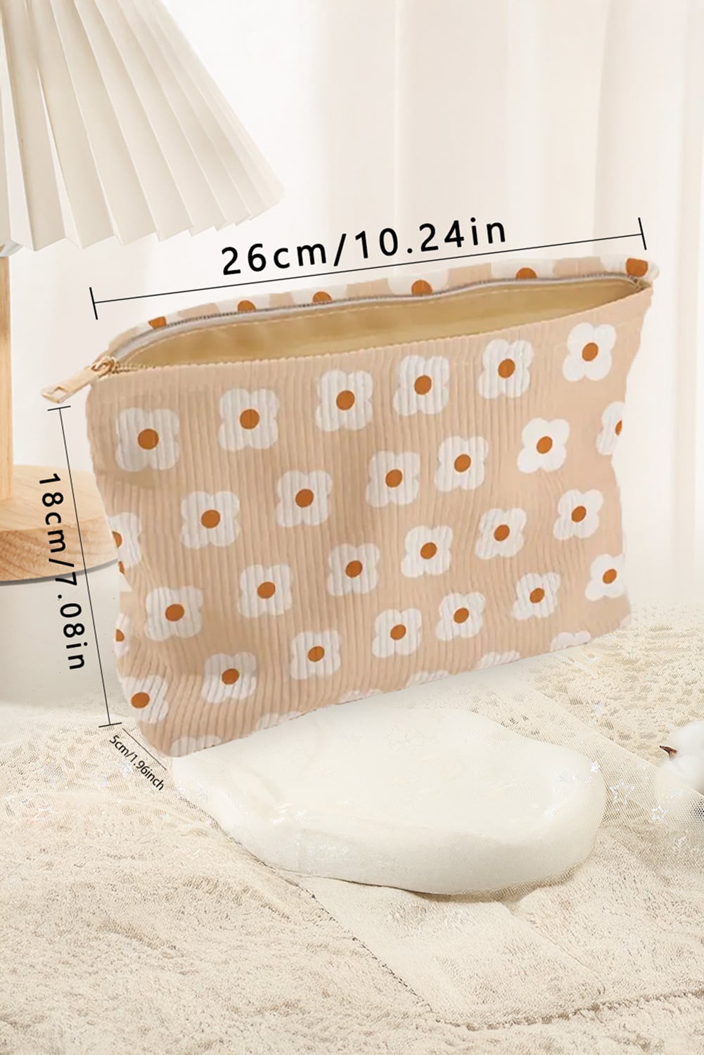 Parchment Flowers Print Textured Corduroy Large Makeup Bag