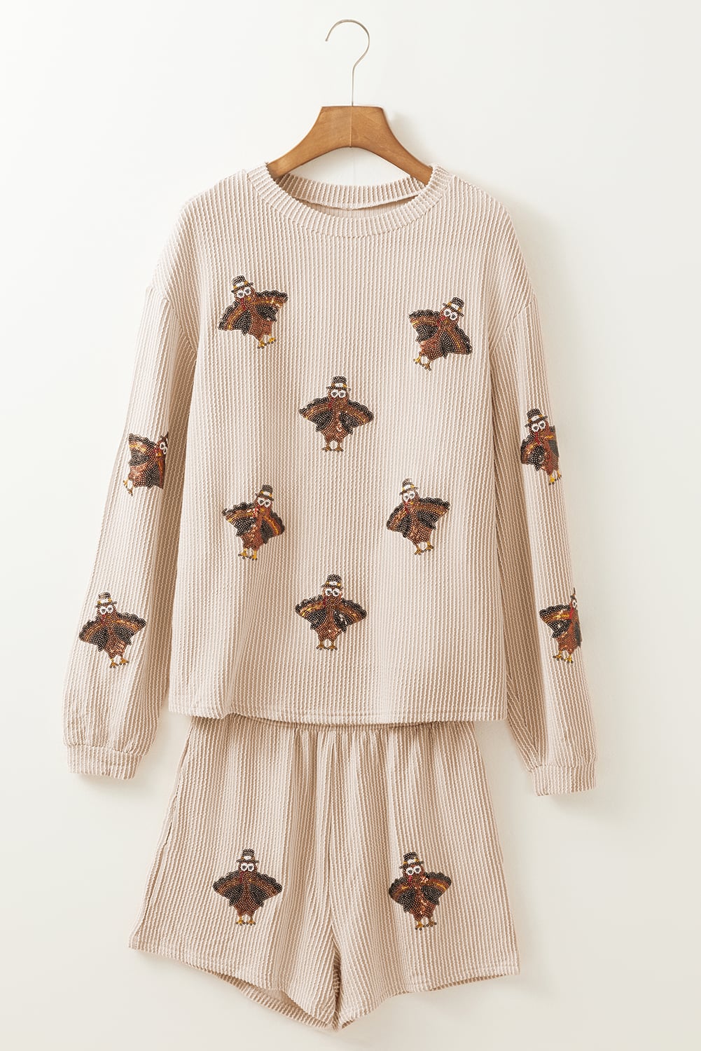 Parchment Thanksgiving Sequined Turkey Corded Knit Loose Fit Shorts Set