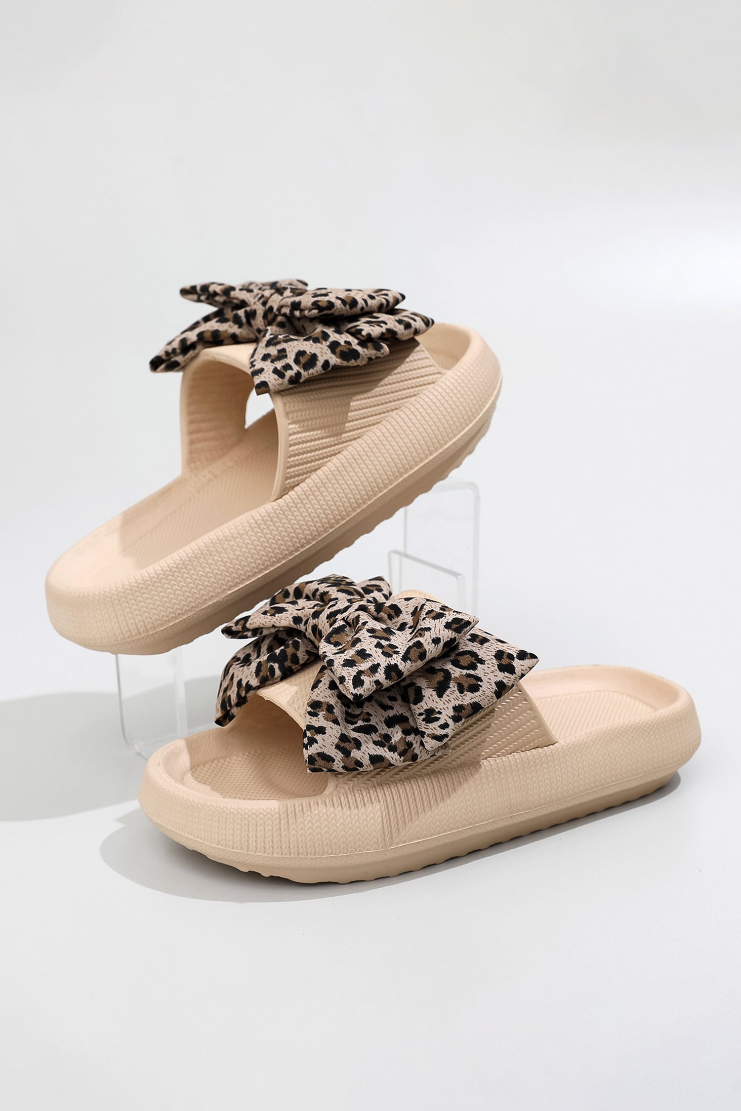 Parchment Leopard Bow Cutout Textured Slippers