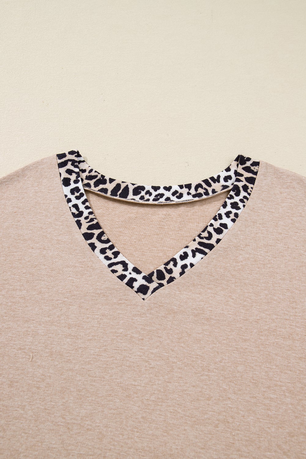Parchment Leopard Patchwork V Neck Long Sleeve Plus Size Top