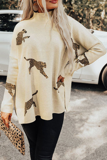 Parchment Lively Cheetah Print High Neck Split Hem Sweater